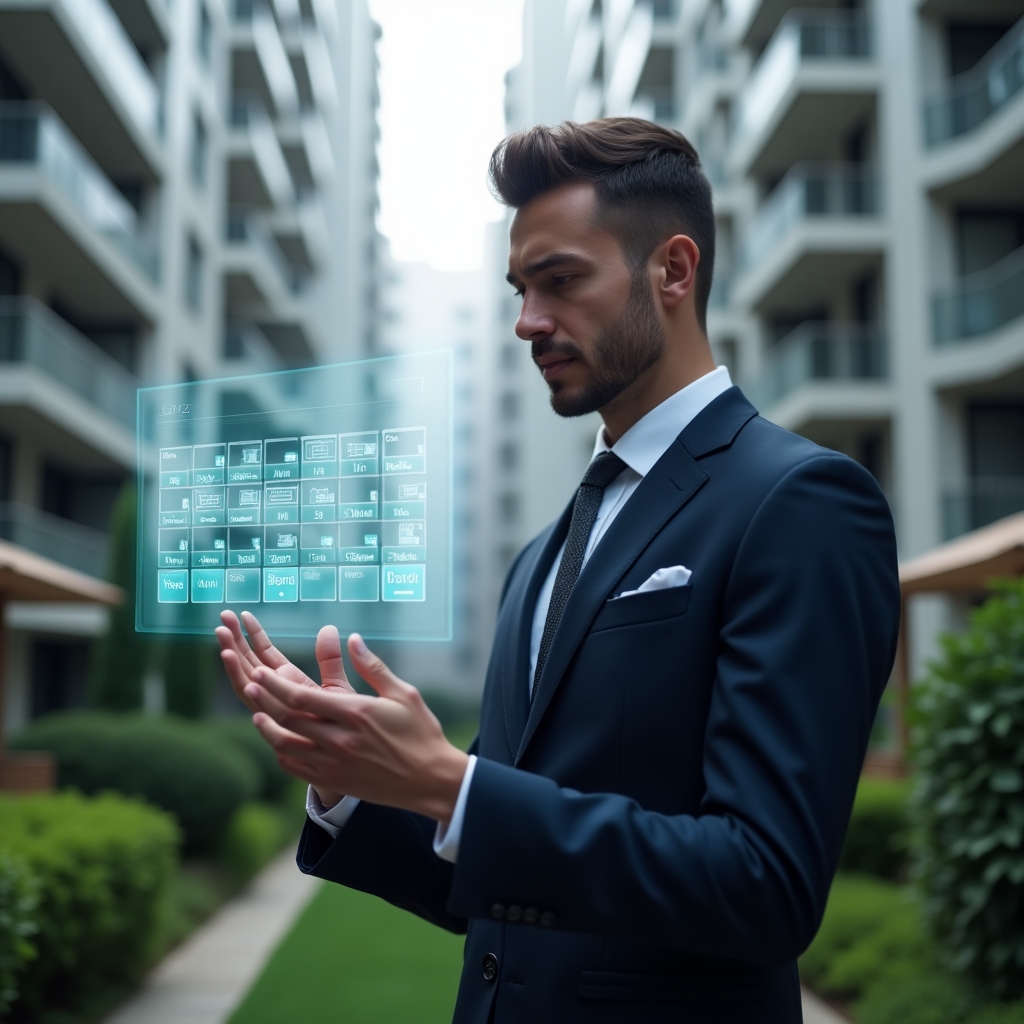 (Ultra-realistic condominium manager in a tailored navy suit, set in a modern luxury condominium environment with high-rise buildings and meticulously landscaped greenery, reviewing a holographic activity schedule with confident expression and poised gesture, floating calendar icons and maintenance symbols glowing around, cinematic lighting, shallow depth of field, highly detailed textures, realistic skin, photographic realism, 8k resolution --ar 1:1 --v 6)