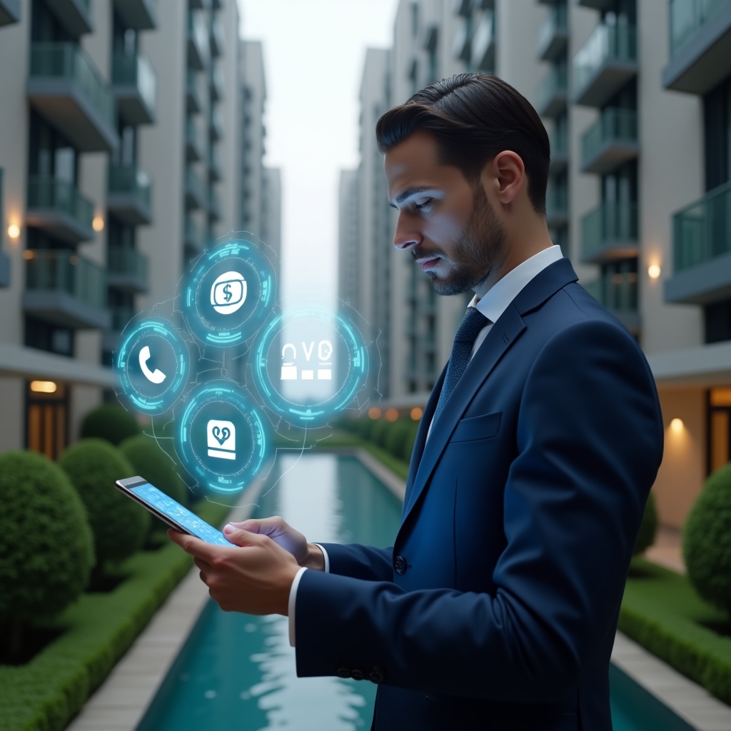 (Ultra-realistic condominium manager in a navy blue tailored suit, set in a modern luxury condominium environment with high-rise buildings and manicured green landscaping, holding a digital tablet projecting holographic app icons for finance, communication and access control, analyzing data with a confident expression, cinematic lighting, shallow depth of field, highly detailed textures, realistic skin, photographic realism, 8k resolution --ar 1:1 --v 6)