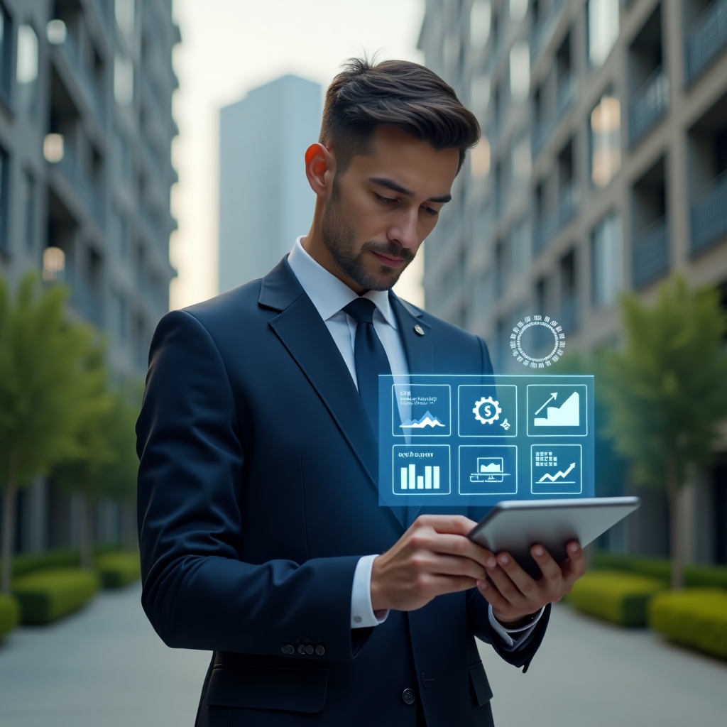 Ultra-realistic condominium manager in a navy suit, set in a modern luxury condominium environment with high-rise buildings and manicured green landscaping, confidently examining a floating holographic interface displaying app icons and performance graphs on a transparent tablet, thoughtful expression, symbolic holograms of an “app” and a gear, cinematic lighting, shallow depth of field, highly detailed textures, realistic skin, photographic realism, 8k resolution --ar 1:1 --v 6