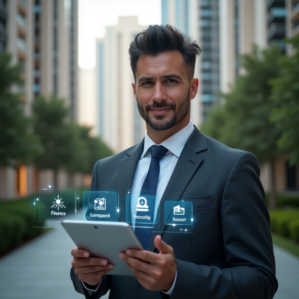 Ultra-realistic condominium manager in a dark gray executive suit, set in a modern luxury condominium environment with high-rise buildings and manicured green landscaping, holding a tablet displaying a holographic condominium management app interface with icons for finance, security and support, focused and confident expression, cinematic lighting, shallow depth of field, highly detailed textures, realistic skin, photographic realism, 8k resolution --ar 1:1 --v 6