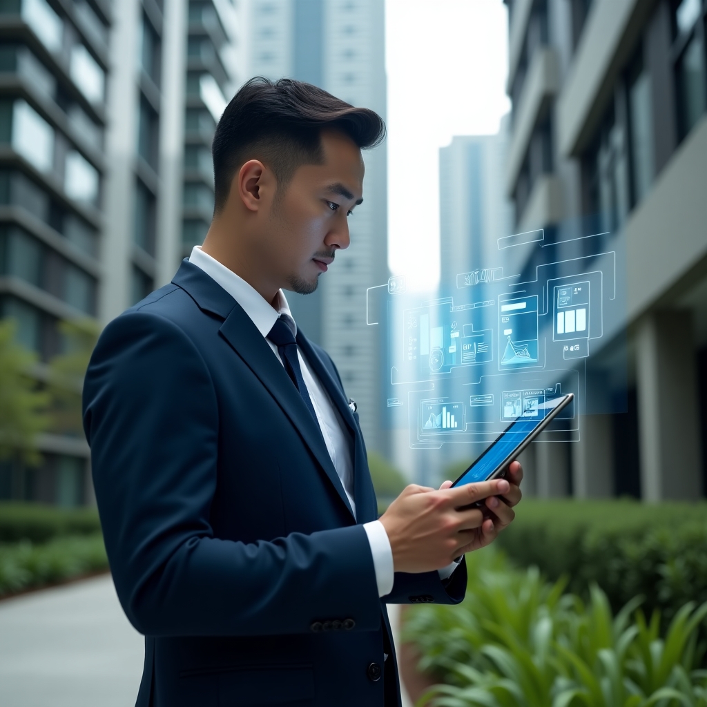 Ultra-realistic condominium manager in a dark blue suit, set in a modern luxury condominium environment with high-rise buildings and green landscaping, holding a tablet with a holographic app interface displaying charts and icons, confidently analyzing the interface, floating digital icons representing tasks and notifications, cinematic lighting, shallow depth of field, highly detailed textures, realistic skin, photographic realism, 8k resolution --ar 1:1 --v 6
