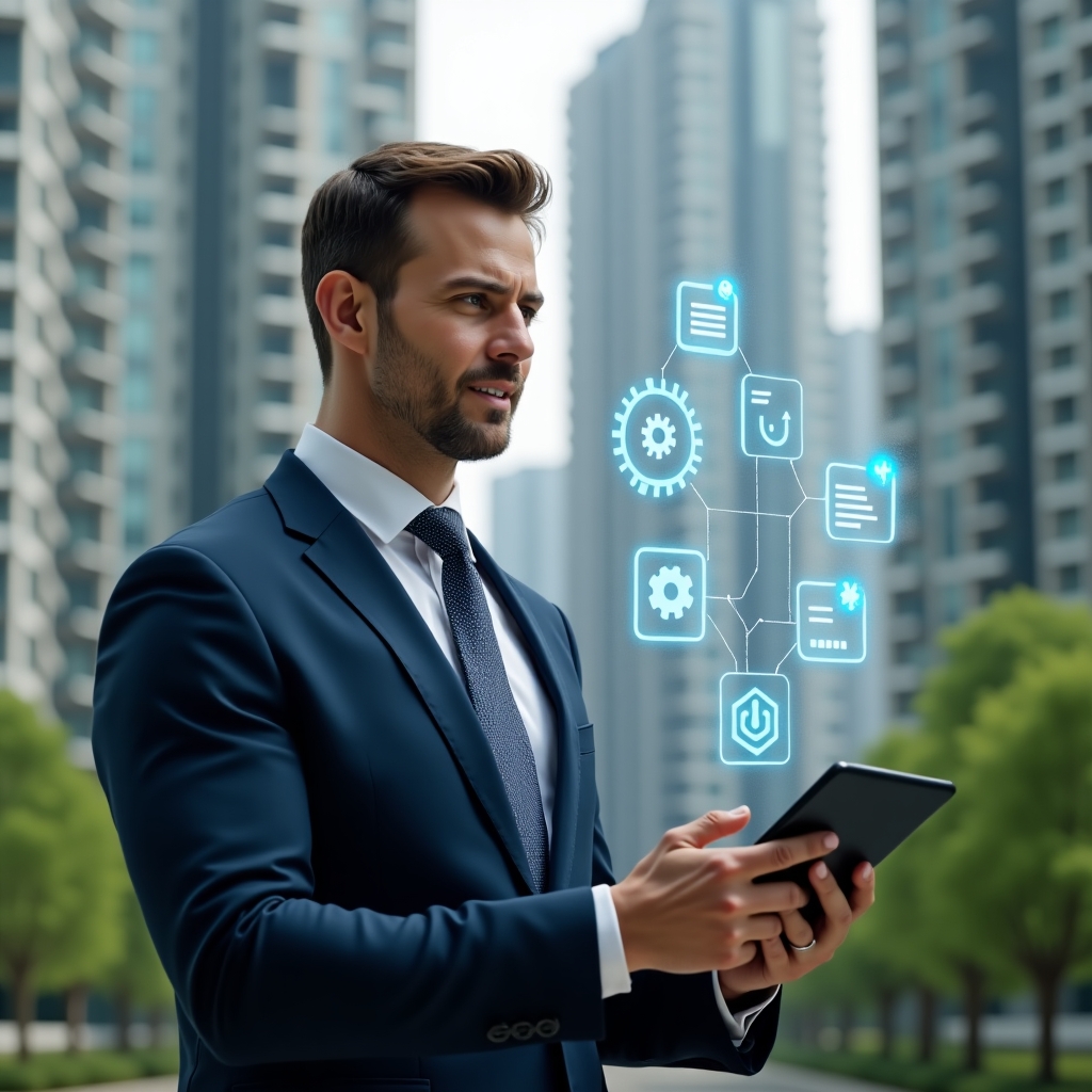 (Ultra-realistic condominium manager in a navy executive suit, set in a modern luxury condominium environment with high-rise buildings and lush green landscaping, holding a tablet and interacting with holographic maintenance workflow icons floating above the screen, holographic gear and checklist symbols symbolizing preventive maintenance, confident and focused expression, cinematic lighting, shallow depth of field, highly detailed textures, realistic skin, photographic realism, 8k resolution --ar 1:1 --v 6)