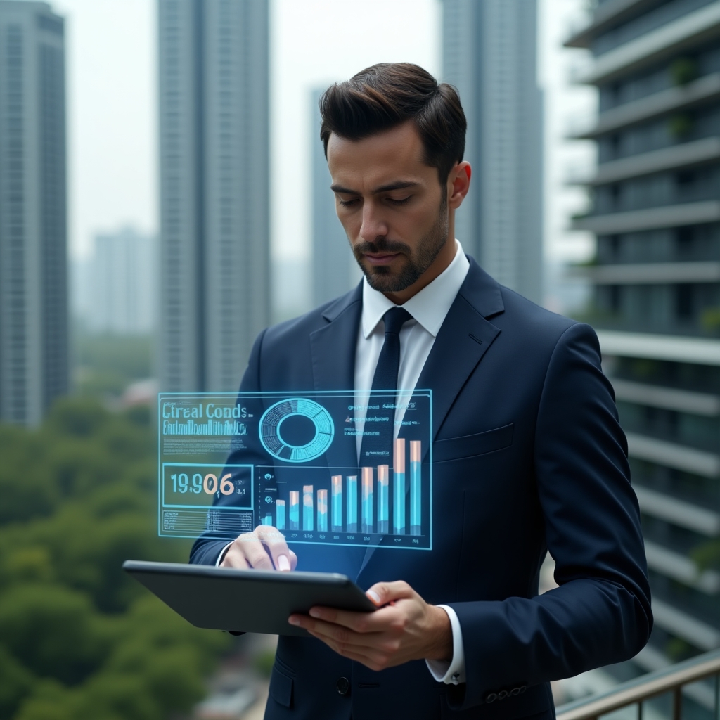 Ultra-realistic condo manager in a navy suit, set in a modern luxury condominium environment with high-rise buildings and green landscaping, analyzing a holographic KPI dashboard projected from a tablet with floating charts and data icons, confident and focused expression, cinematic lighting, shallow depth of field, highly detailed textures, realistic skin, photographic realism, 8k resolution --ar 1:1 --v 6