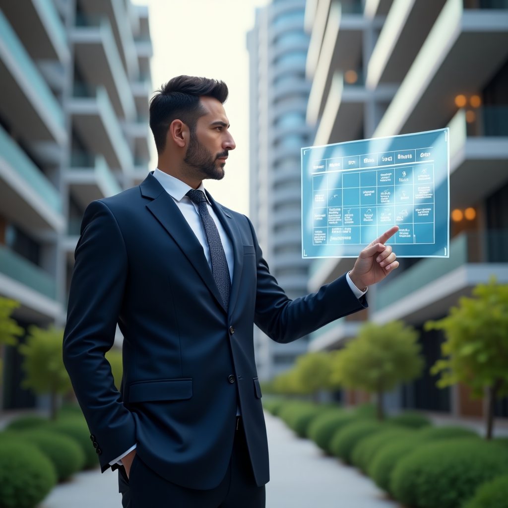 Ultra-realistic condominium manager in a navy suit, set in a modern luxury condominium environment with high-rise buildings and green landscaping, medium shot of a confident manager pointing at a floating holographic activity schedule calendar with icons for maintenance, events and tasks, cinematic lighting, shallow depth of field, highly detailed textures, realistic skin, photographic realism, 8k resolution --ar 1:1 --v 6