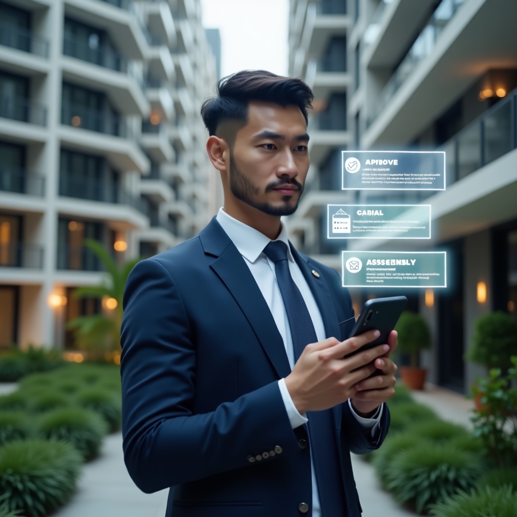 (Ultra-realistic condominium manager in a navy business suit, set in a modern luxury condominium environment with high-rise buildings and meticulously landscaped greenery, holding a smartphone and interacting with a floating holographic chat interface showing approve icons and assembly agenda, confident and focused expression, symbolic glowing message bubbles and checklist holograms around, cinematic lighting, shallow depth of field, highly detailed textures, realistic skin, photographic realism, 8k resolution --ar 1:1 --v 6)