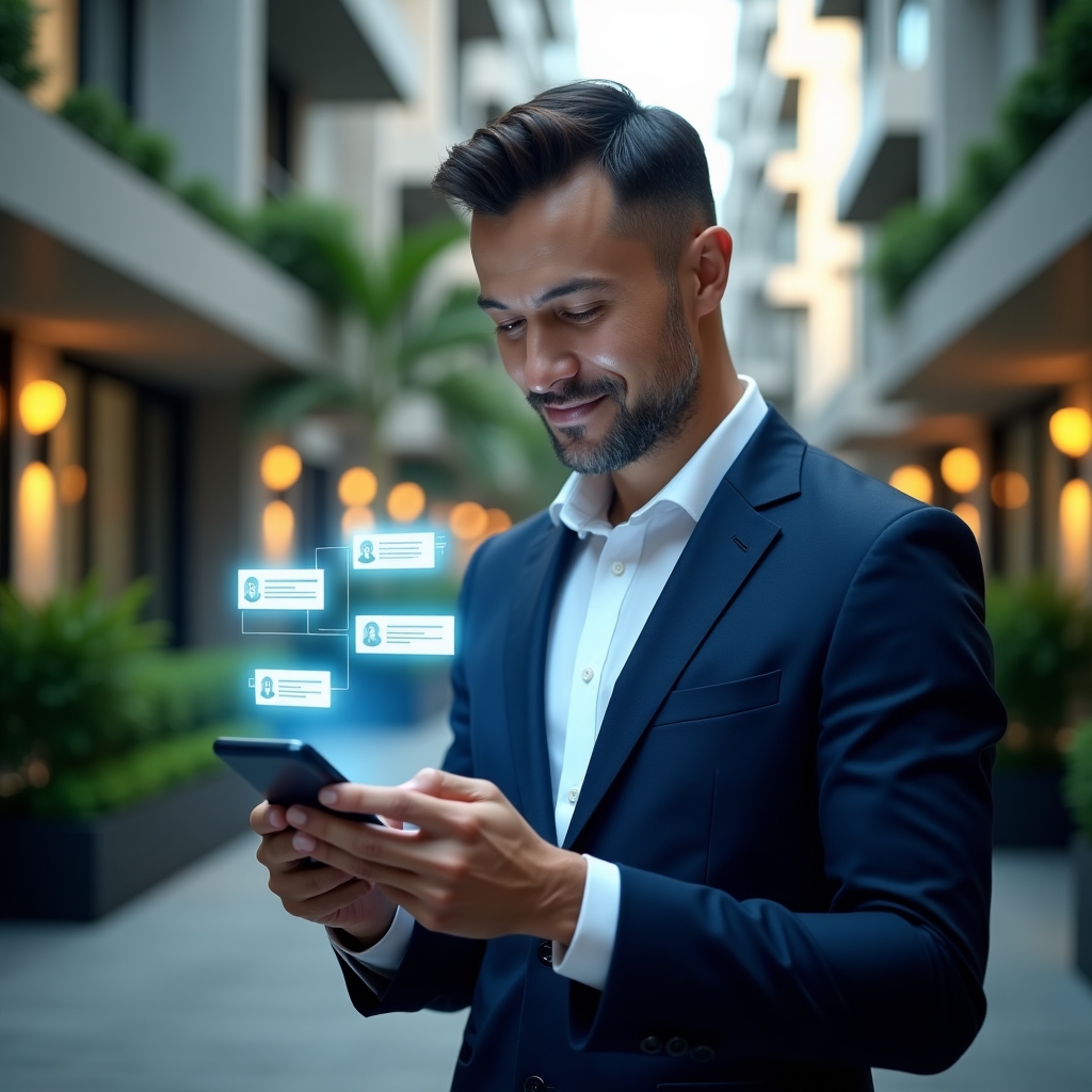Ultra-realistic condominium manager in a navy blue suit, set in a modern luxury condominium environment with high-rise buildings and lush green landscaping, holding a smartphone displaying holographic chat bubbles and reservation icons, confident and engaged expression as they analyze digital notifications, cinematic lighting, shallow depth of field, highly detailed textures, realistic skin, photographic realism, 8k resolution --ar 1:1 --v 6