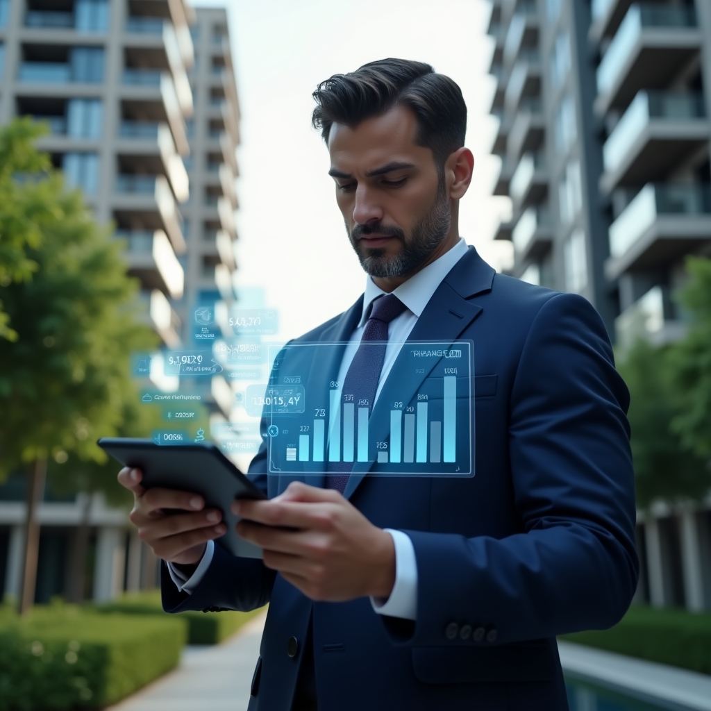 (Ultra-realistic condominium manager in a navy blue suit, set in a modern luxury condominium environment with high-rise buildings and lush green landscaping, reviewing holographic financial charts projected from a tablet, with floating icons of budget categories and expense graphs around him, confident and focused expression, cinematic lighting, shallow depth of field, highly detailed textures, realistic skin, photographic realism, 8k resolution --ar 1:1 --v 6)
