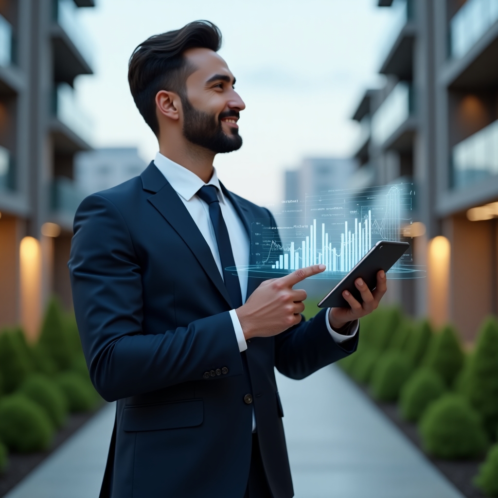 (Ultra-realistic condominium manager in a tailored navy suit, set in a modern luxury condominium environment with high-rise buildings and manicured green landscaping, standing in a mid shot while holding a sleek tablet displaying holographic rising charts and graphs, confidently pointing at the data with a thoughtful smile, cinematic lighting, shallow depth of field, highly detailed textures, realistic skin, photographic realism, 8k resolution --ar 1:1 --v 6)