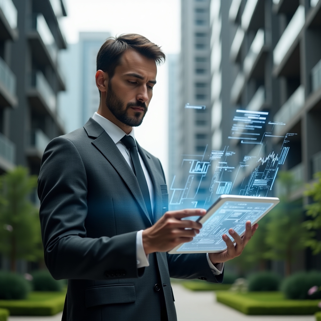 (Ultra-realistic condominium manager in a charcoal gray executive suit, set in a modern luxury condominium environment with high-rise buildings and manicured green landscaping, examining a transparent holographic financial report projected from a tablet, holographic charts and graphs floating around, conveying transparency and agility, confident and focused expression, cinematic lighting, shallow depth of field, highly detailed textures, realistic skin, photographic realism, 8k resolution --ar 1:1 --v 6)