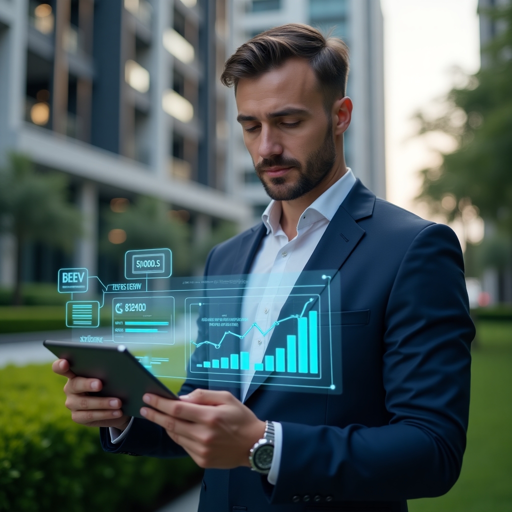 (Ultra-realistic condominium manager in a tailored navy suit, set in a modern luxury condominium environment with high-rise buildings and manicured green landscaping, analyzing a holographic financial dashboard displaying cost-reduction graphs, holding a tablet with budgeting and communication icons floating around, confident and focused expression, cinematic lighting, shallow depth of field, highly detailed textures, realistic skin, photographic realism, 8k resolution --ar 1:1 --v 6)