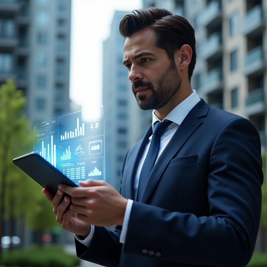 (Ultra-realistic condominium manager in a tailored navy executive suit, set in a modern luxury condominium environment with high-rise buildings and manicured green landscaping, mid-shot of the manager reviewing holographic financial reports projected above a sleek digital tablet, glowing charts and icons symbolizing transparency and streamlined communication, confident and focused expression, cinematic lighting, shallow depth of field, highly detailed textures, realistic skin, photographic realism, 8k resolution --ar 1:1 --v 6)