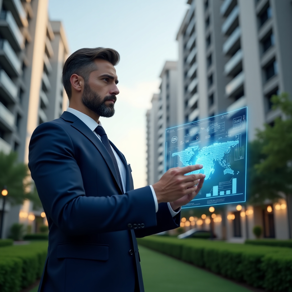 (Ultra-realistic condominium manager in a navy blue suit, set in a modern luxury condominium environment with high-rise buildings and manicured green landscaping, analyzing a holographic financial dashboard with glowing charts and icons representing transparency and efficiency, confident and focused expression, cinematic lighting, shallow depth of field, highly detailed textures, realistic skin, photographic realism, 8k resolution --ar 1:1 --v 6)