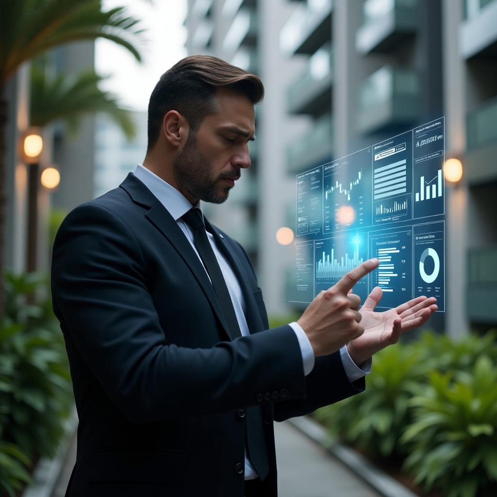 Ultra-realistic condominium manager in a dark tailored suit, set in a modern luxury condominium environment with high-rise buildings and lush green landscaping, examining a floating holographic dashboard of financial charts and expense icons, confident and focused expression, cinematic lighting, shallow depth of field, highly detailed textures, realistic skin, photographic realism, 8k resolution --ar 1:1 --v 6