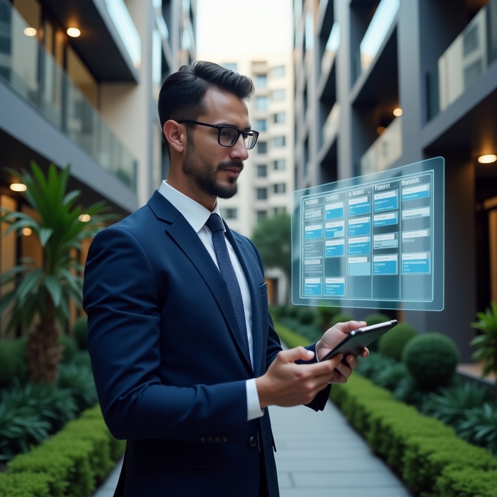 Ultra-realistic property manager in a navy blue tailored suit, set in a modern luxury condominium environment with high-rise buildings and manicured green landscaping, holding a digital tablet displaying a holographic monthly schedule, analyzing tasks with a focused, confident expression, holographic calendar overlay floating beside them, cinematic lighting, shallow depth of field, highly detailed textures, realistic skin, photographic realism, 8k resolution --ar 1:1 --v 6