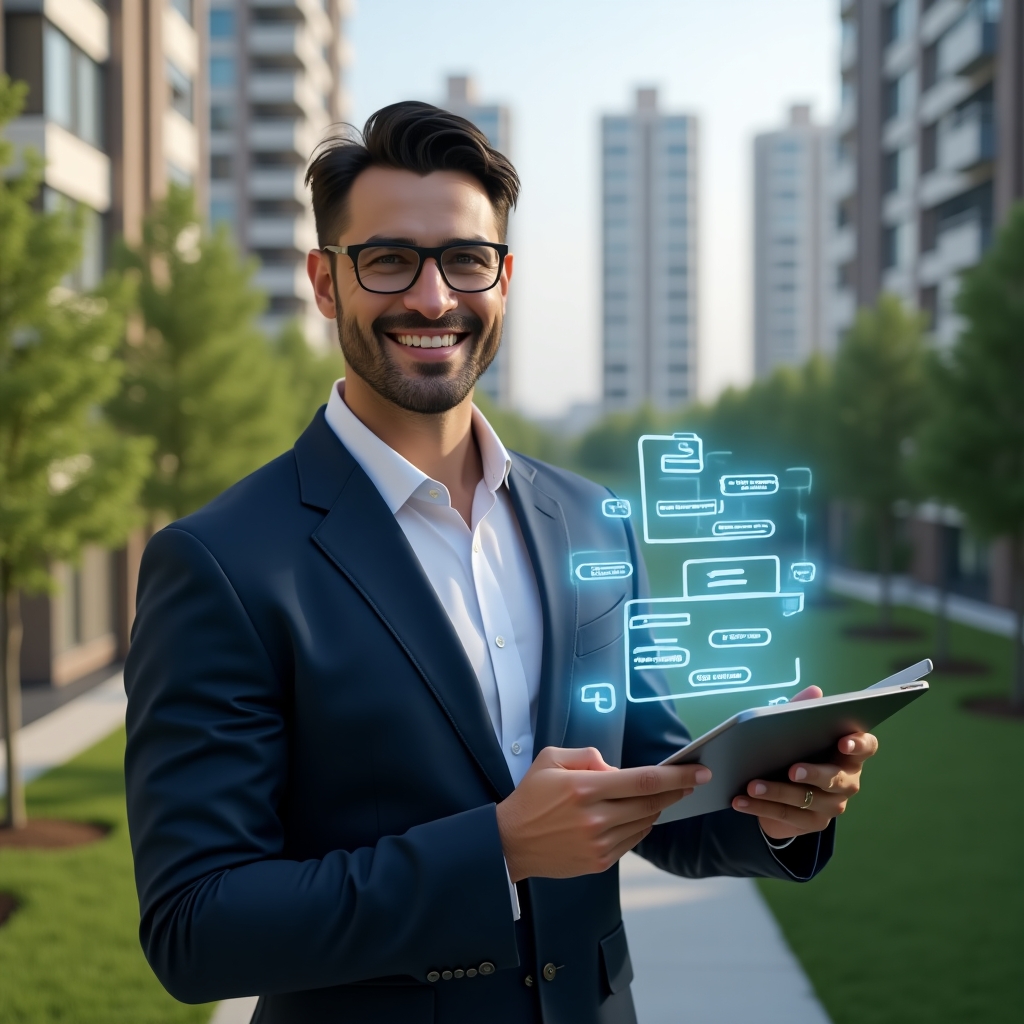Ultra-realistic condominium manager in a navy suit, set in a modern luxury condominium environment with high-rise buildings and meticulously landscaped greenery, holding a tablet displaying a holographic **aplicativo para condomínio** interface with chat bubbles, rule icons and calendar alerts, smiling confidently as if promoting harmony, cinematic lighting, shallow depth of field, highly detailed textures, realistic skin, photographic realism, 8k resolution --ar 1:1 --v 6
