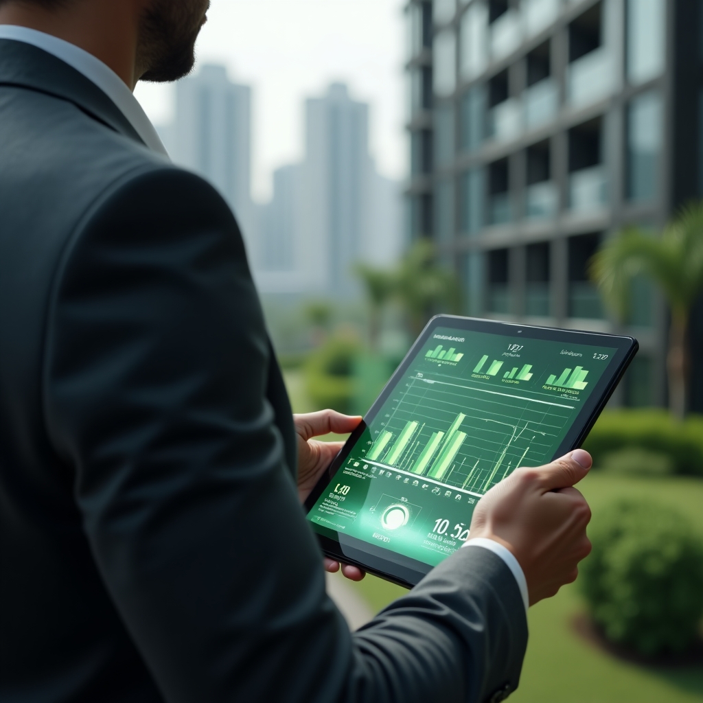 Ultra-realistic condominium manager in a charcoal gray suit, set in a modern luxury condominium environment with high-rise buildings and green landscaping, holding a tablet displaying a floating holographic cost-reduction chart and green leaf icons, confidently analyzing data to balance expenses and resident well-being, cinematic lighting, shallow depth of field, highly detailed textures, realistic skin, photographic realism, 8k resolution --ar 1:1 --v 6