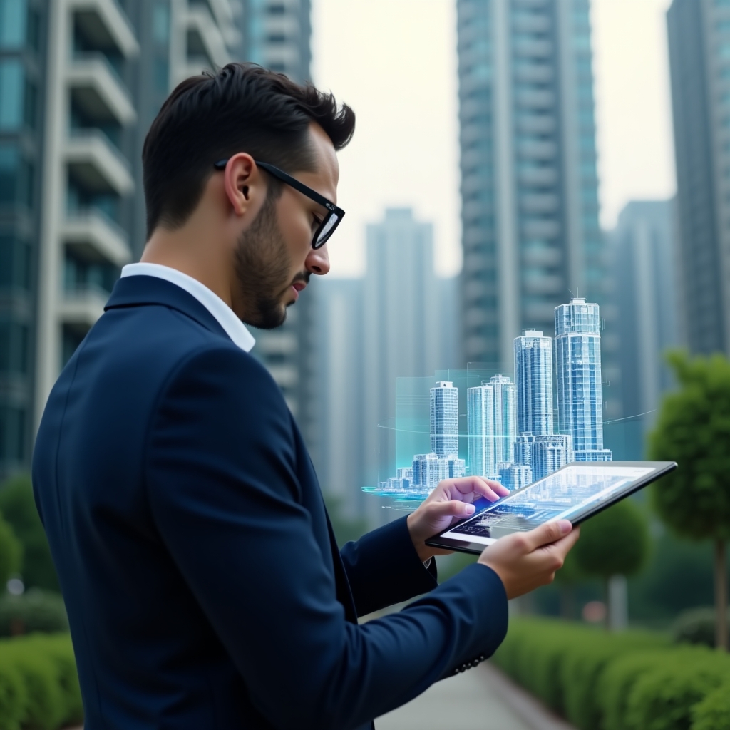 Ultra-realistic condominium manager in a navy blue suit, set in a modern luxury condominium environment with high-rise buildings and lush green landscaping, thoughtfully analyzing a digital tablet displaying a holographic cost-reduction chart over a 3D building model, conveying confidence and precision, cinematic lighting, shallow depth of field, highly detailed textures, realistic skin, photographic realism, 8k resolution --ar 1:1 --v 6