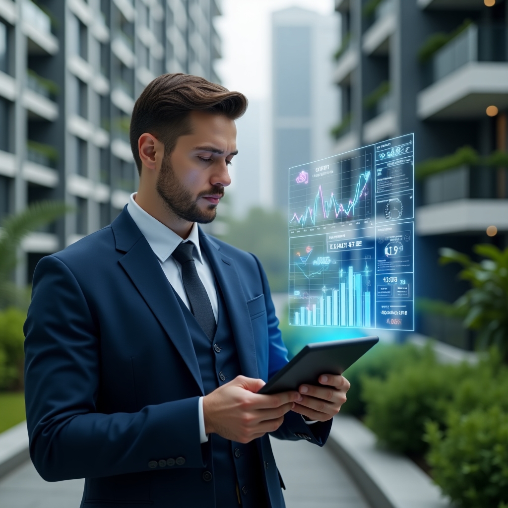 (Ultra-realistic condominium manager in a tailored navy blue suit, set in a modern luxury condominium environment with high-rise buildings and lush green landscaping, holding a digital tablet while reviewing holographic financial charts projecting cost-saving graphs, with floating icons of currency and gears symbolizing efficiency, confident and focused expression, cinematic lighting, shallow depth of field, highly detailed textures, realistic skin, photographic realism, 8k resolution --ar 1:1 --v 6)