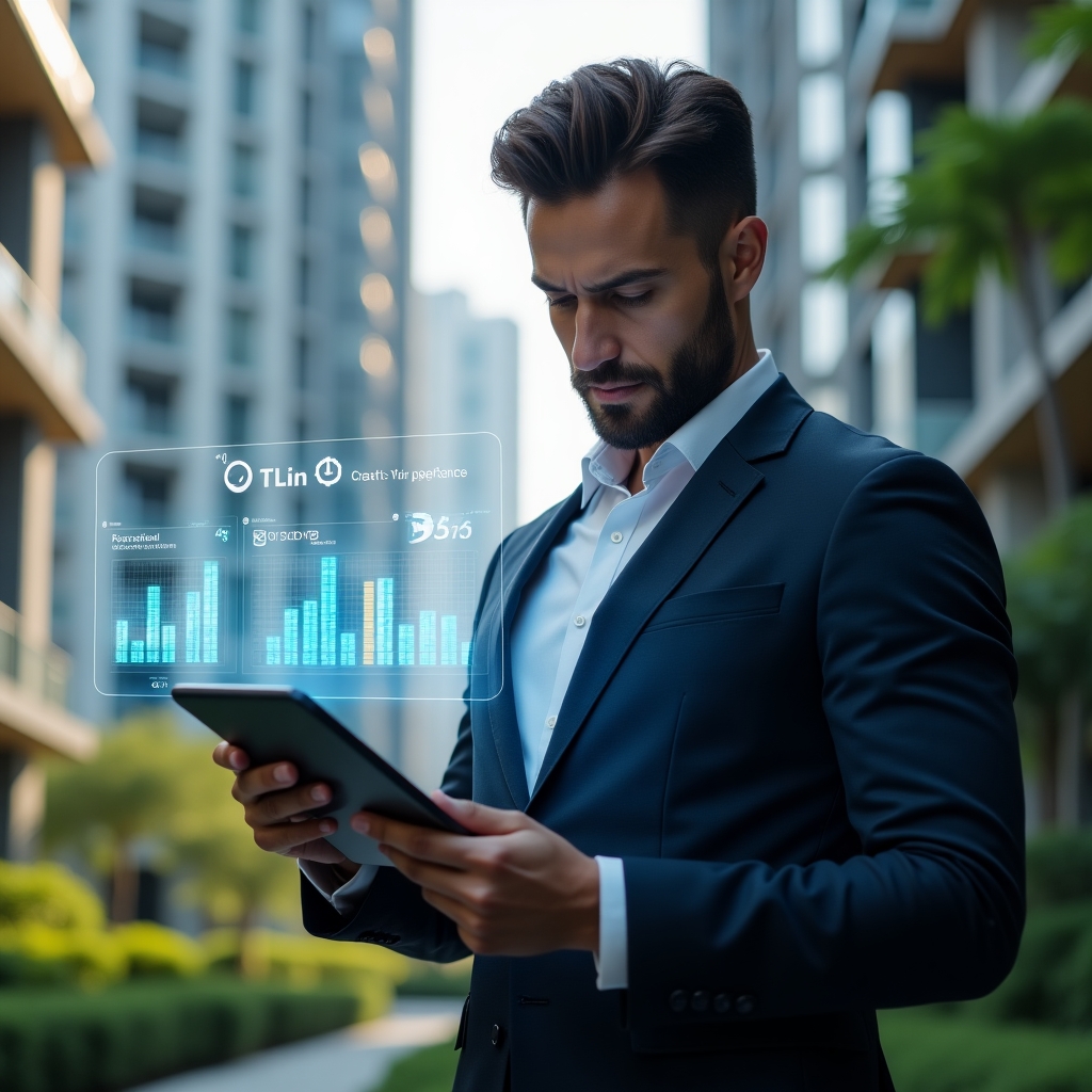 (Ultra-realistic condominium manager in a tailored navy suit, set in a modern luxury condominium environment with high-rise buildings and lush green landscaping, analyzing floating holographic financial charts displaying cost-reduction metrics, holding a digital tablet with interactive icons and gear symbols, confident and focused expression, cinematic lighting, shallow depth of field, highly detailed textures, realistic skin, photographic realism, 8k resolution --ar 1:1 --v 6)
