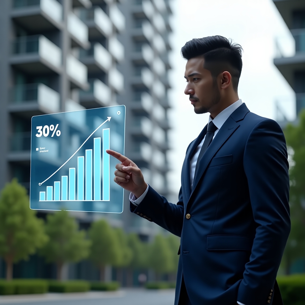 (Ultra-realistic condominium manager in a navy blue slim-fit suit, set in a modern luxury condominium environment with high-rise buildings and lush green landscaping, examining a floating holographic bar chart showing a 30% cost reduction, pointing confidently at the data while holding a digital contract icon, cinematic lighting, shallow depth of field, highly detailed textures, realistic skin, photographic realism, 8k resolution --ar 1:1 --v 6)