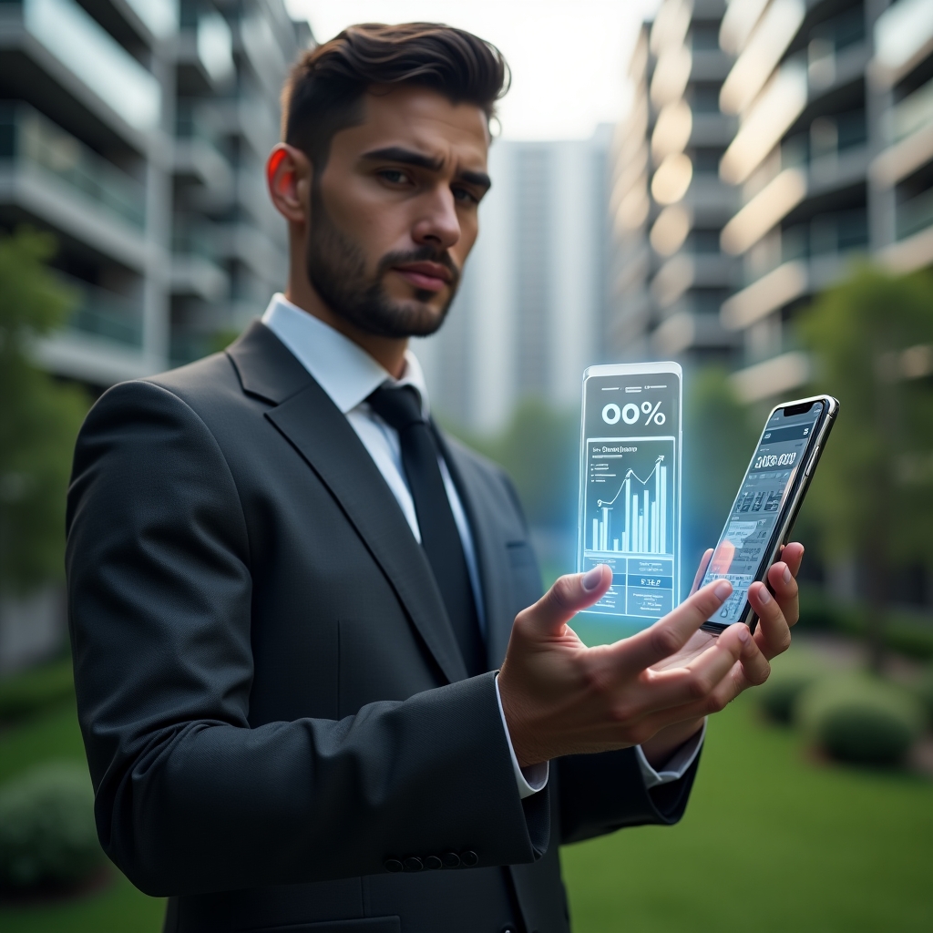 Ultra-realistic condominium manager in a tailored dark gray suit, set in a modern luxury condominium environment with high-rise buildings and manicured green landscaping, holding a holographic financial chart showing a 30% cost reduction while tapping a floating smartphone icon representing an condominium app, confident and focused expression, cinematic lighting, shallow depth of field, highly detailed textures, realistic skin, photographic realism, 8k resolution --ar 1:1 --v 6