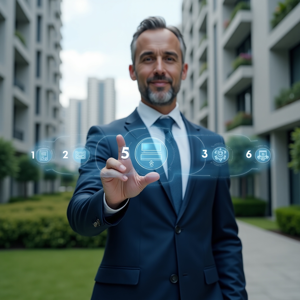 (Ultra-realistic condominium manager in a navy blue executive suit, set in a modern luxury condominium environment with high-rise buildings and manicured green landscaping, standing in a medium shot while interacting with a semi-transparent holographic interface displaying five numbered steps, confident expression, holographic icons of documents, gears and clocks floating around, cinematic lighting, shallow depth of field, highly detailed textures, realistic skin, photographic realism, 8k resolution --ar 1:1 --v 6)
