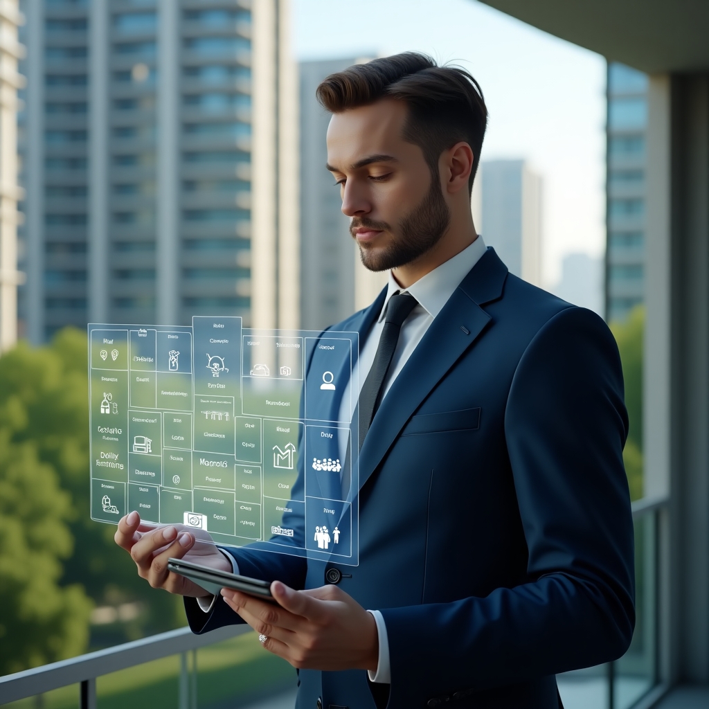 Ultra-realistic condominium manager in a navy executive suit, set in a modern luxury condominium environment with high-rise buildings and lush green landscaping, reviewing a holographic activity calendar displaying icons for maintenance, cleaning, and meetings, projecting confidence and efficiency, cinematic lighting, shallow depth of field, highly detailed textures, realistic skin, photographic realism, 8k resolution --ar 1:1 --v 6