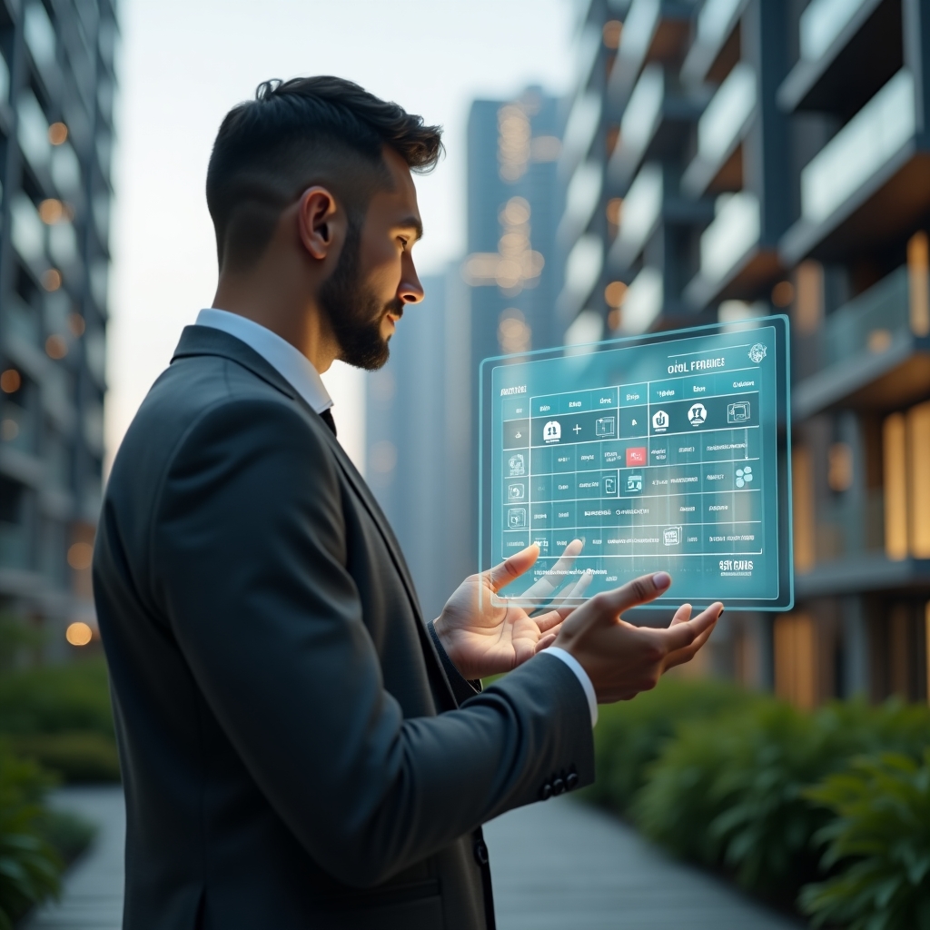 (Ultra-realistic condominium manager in a charcoal gray suit, set in a modern luxury condominium environment with high-rise buildings and lush green landscaping, holding a holographic activity schedule with icons for maintenance, security and resident satisfaction, confidently tapping the calendar, cinematic lighting, shallow depth of field, highly detailed textures, realistic skin, photographic realism, 8k resolution --ar 1:1 --v 6)