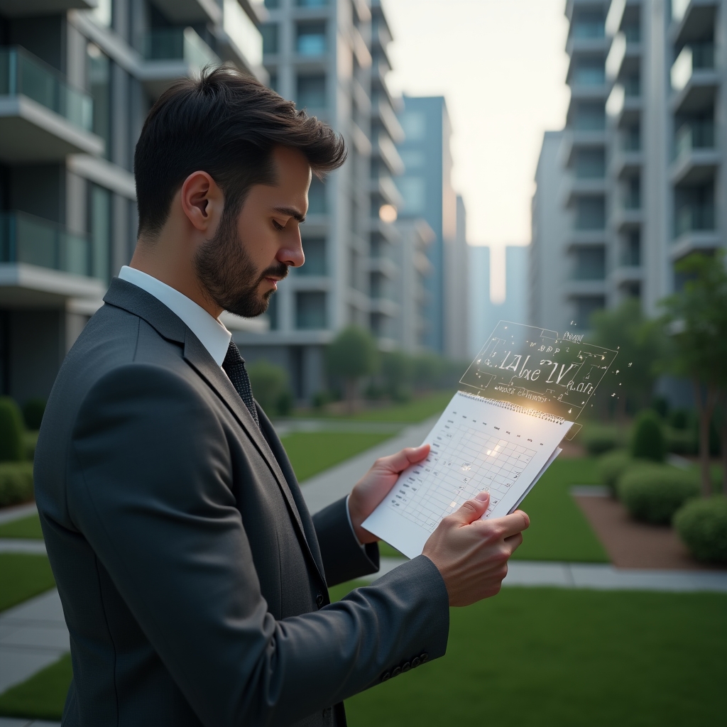 Ultra-realistic condominium manager in a dark gray tailored suit, set in a modern luxury condominium environment with high-rise buildings and pristine green landscaping, holding a holographic calendar and checklist while thoughtfully reviewing tasks, a translucent floating schedule icon beside them, cinematic lighting, shallow depth of field, highly detailed textures, realistic skin, photographic realism, 8k resolution --ar 1:1 --v 6