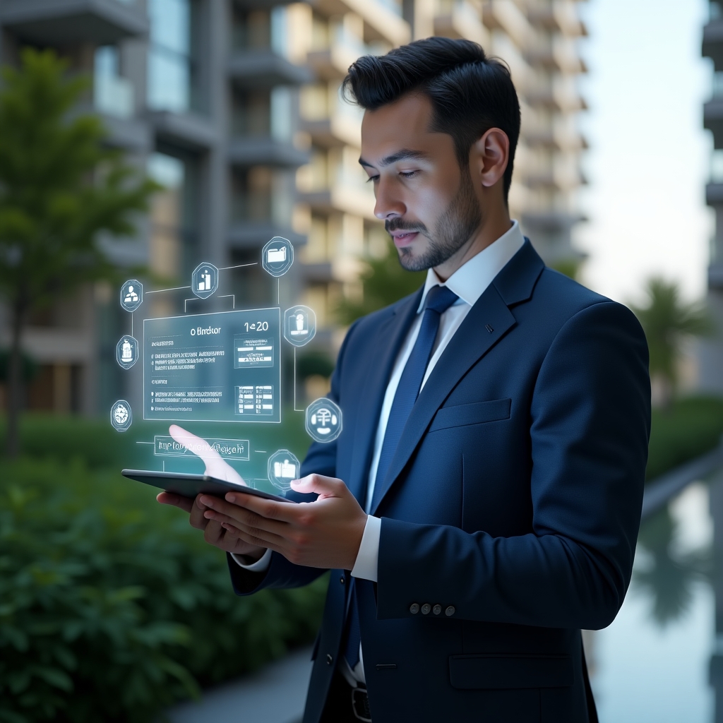 Ultra-realistic condominium manager in a navy blue suit, set in a modern luxury condominium environment with high-rise buildings and lush green landscaping, holding a digital tablet displaying a holographic calendar schedule, confidently pointing at floating icons representing maintenance, assemblies, and daily tasks, cinematic lighting, shallow depth of field, highly detailed textures, realistic skin, photographic realism, 8k resolution --ar 1:1 --v 6