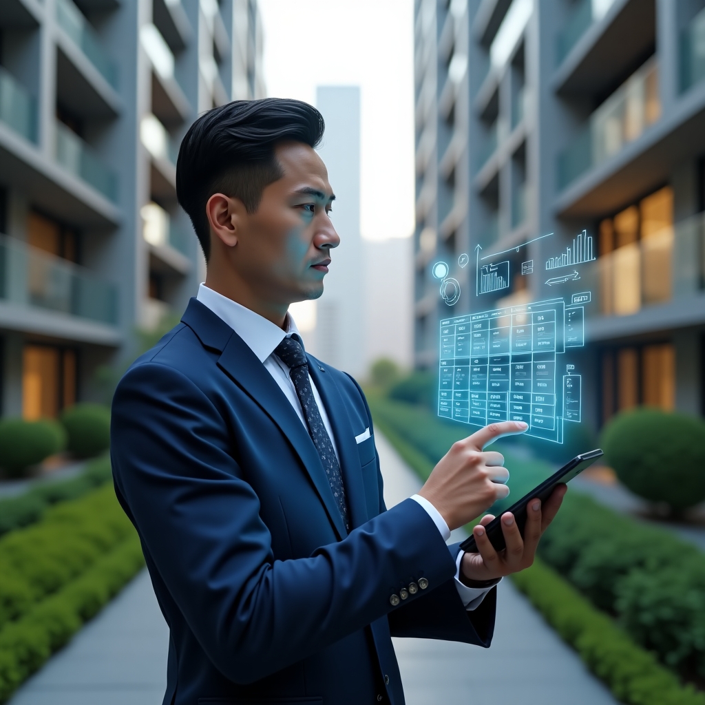 Ultra-realistic condominium manager in a navy blue executive suit, set in a modern luxury condominium environment with high-rise buildings and manicured green landscaping, confidently examining a holographic schedule calendar with alert icons and performance charts floating before them, cinematic lighting, shallow depth of field, highly detailed textures, realistic skin, photographic realism, 8k resolution --ar 1:1 --v 6