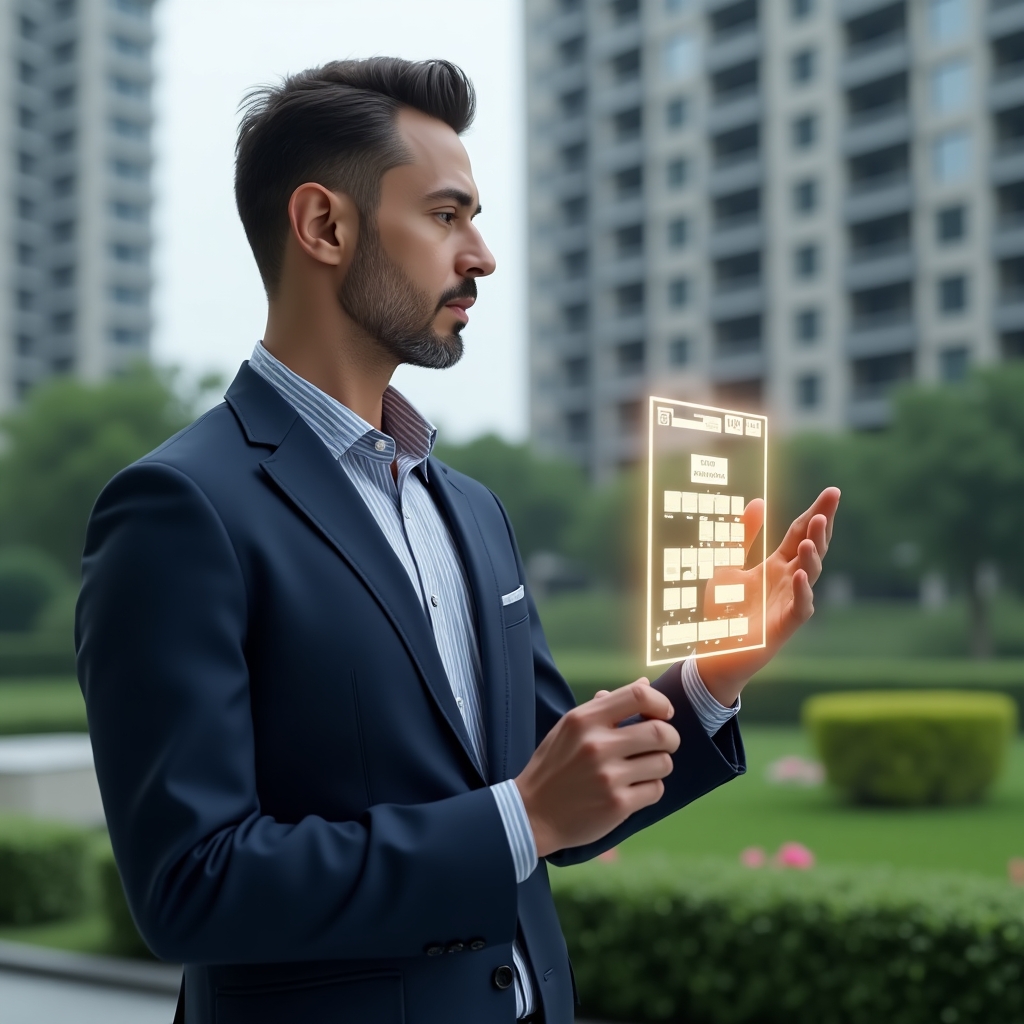 Ultra-realistic condominium manager in a navy blue tailored suit, set in a modern luxury condominium environment with high-rise buildings and green landscaping, examining a floating holographic schedule calendar with task icons, confident and focused expression, cinematic lighting, shallow depth of field, highly detailed textures, realistic skin, photographic realism, 8k resolution --ar 1:1 --v 6
