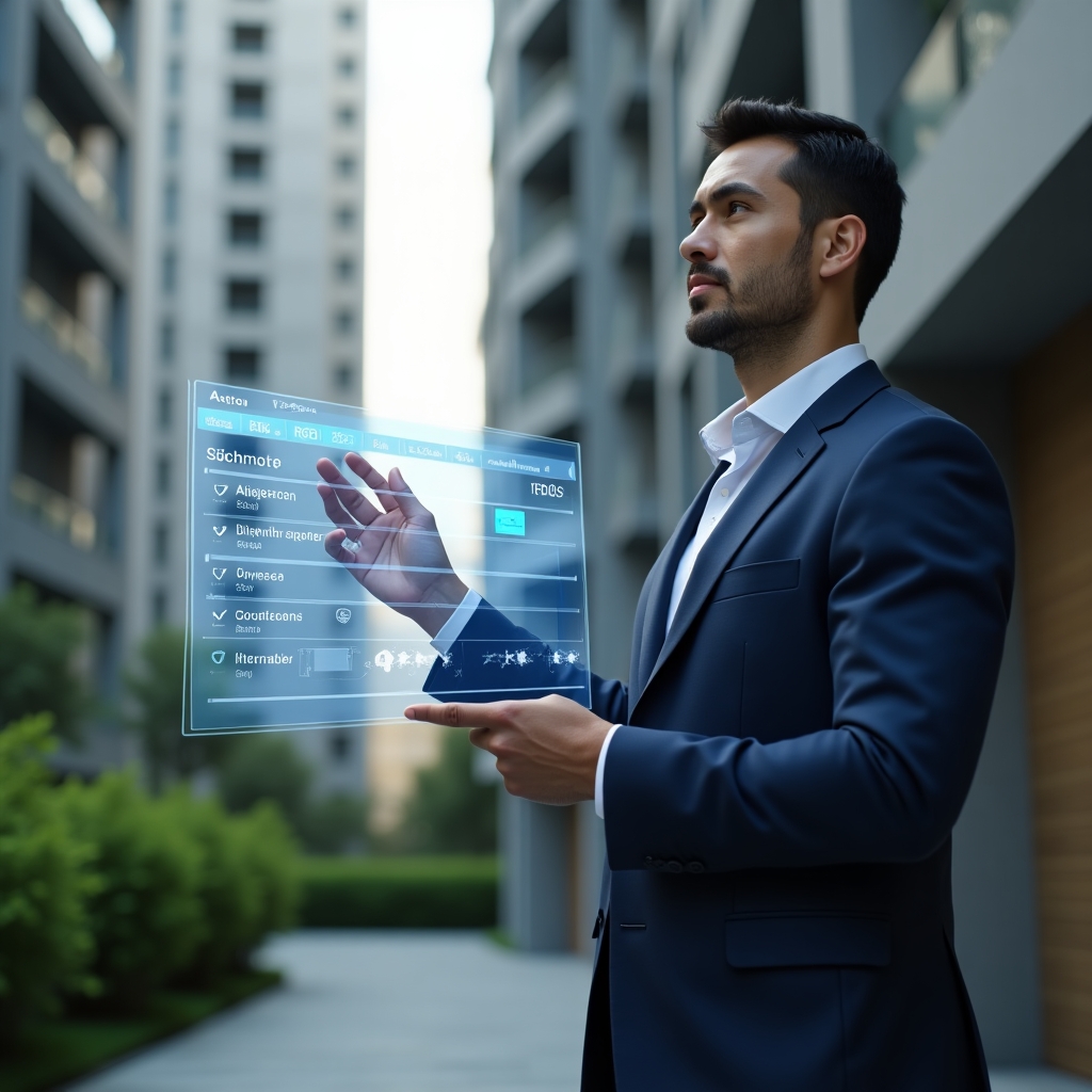 Ultra-realistic condominium manager in a navy blue suit, set in a modern luxury condominium environment with high-rise buildings and manicured green landscaping, standing in a medium shot while interacting with a holographic activity calendar displaying scheduled tasks and checklist icons, confident and focused expression, cinematic lighting, shallow depth of field, highly detailed textures, realistic skin, photographic realism, 8k resolution --ar 1:1 --v 6