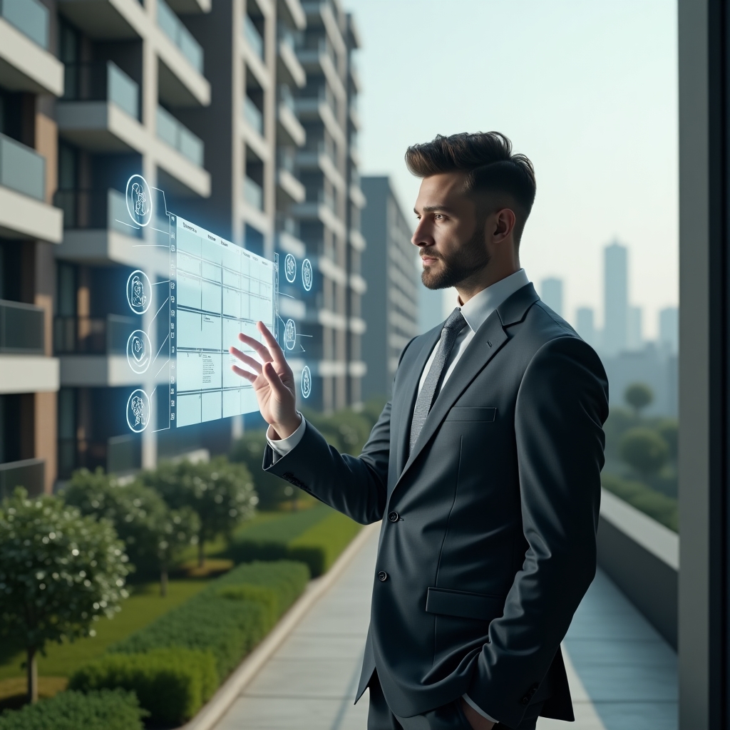 (Ultra-realistic condominium manager in a charcoal gray suit, set in a modern luxury condominium environment with high-rise buildings and meticulously landscaped greenery, confidently interacting with a floating holographic calendar interface displaying scheduled tasks, holographic icons of checkmarks and clocks surrounding the display, cinematic lighting, shallow depth of field, highly detailed textures, realistic skin, photographic realism, 8k resolution --ar 1:1 --v 6)
