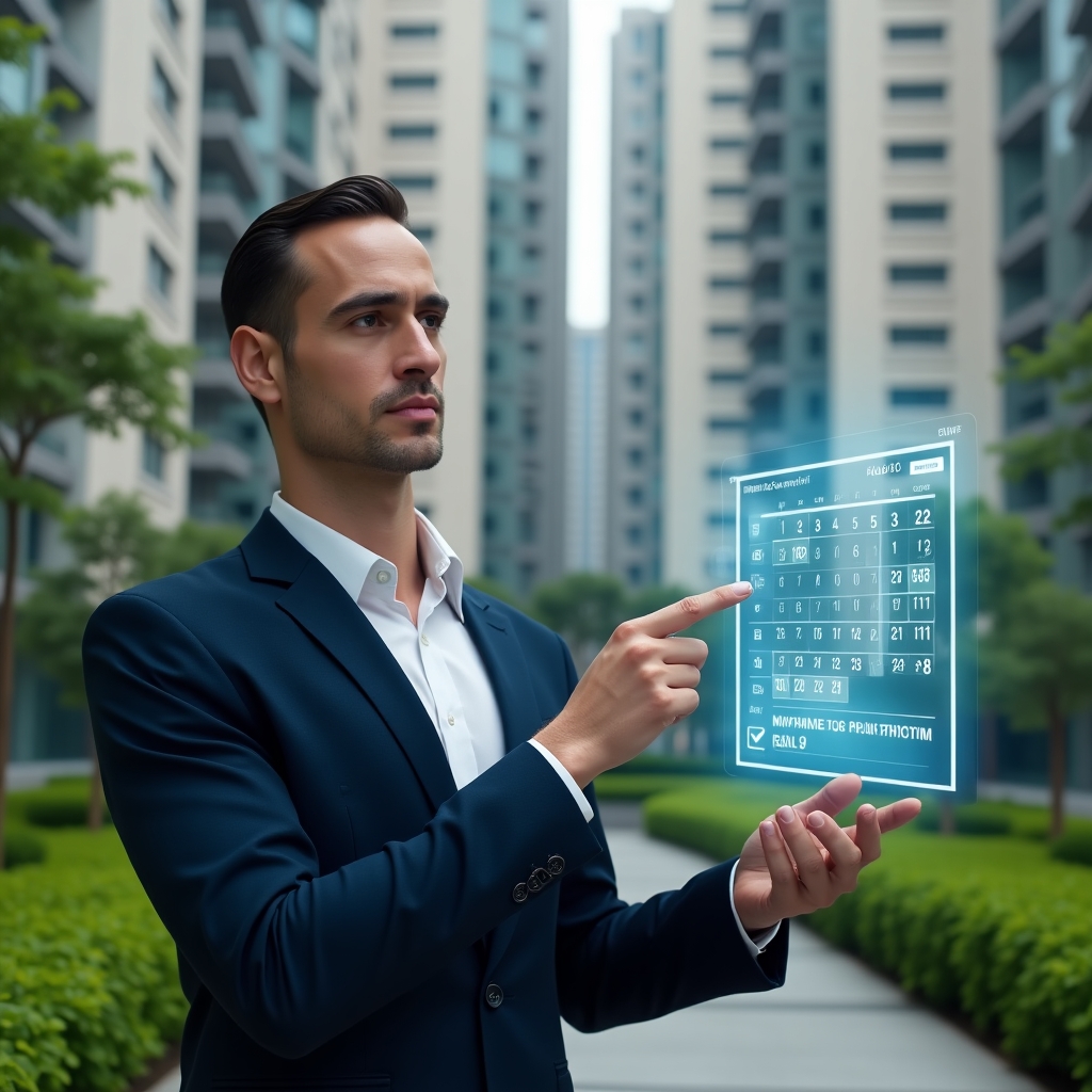 Ultra-realistic condominium manager in a tailored navy suit, set in a modern luxury condominium environment with high-rise buildings and lush green landscaping, holding and pointing to a floating holographic calendar interface displaying scheduled tasks, holographic icons of maintenance tools and checklists around, focused and confident expression, cinematic lighting, shallow depth of field, highly detailed textures, realistic skin, photographic realism, 8k resolution --ar 1:1 --v 6