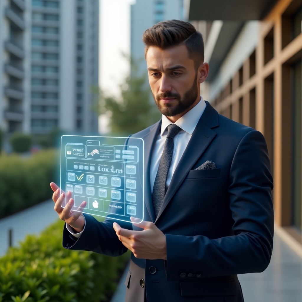 (Ultra-realistic condominium manager in a tailored navy suit, set in a modern luxury condominium environment with high-rise buildings and manicured green landscaping, examining a floating holographic activity schedule with glowing calendar icons and checkmarks, confident and focused expression, cinematic lighting, shallow depth of field, highly detailed textures, realistic skin, photographic realism, 8k resolution --ar 1:1 --v 6)