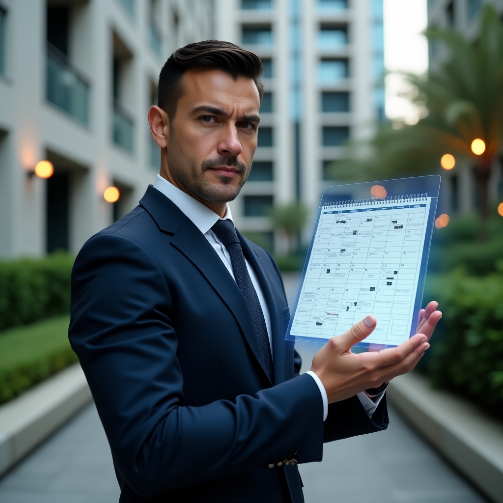 (Ultra-realistic condominium manager in a tailored navy executive suit, set in a modern luxury condominium environment with high-rise buildings and manicured green landscaping, holding and interacting with a floating holographic annual schedule calendar, displaying maintenance icons and financial graphs, confident and focused expression, cinematic lighting, shallow depth of field, highly detailed textures, realistic skin, photographic realism, 8k resolution --ar 1:1 --v 6)