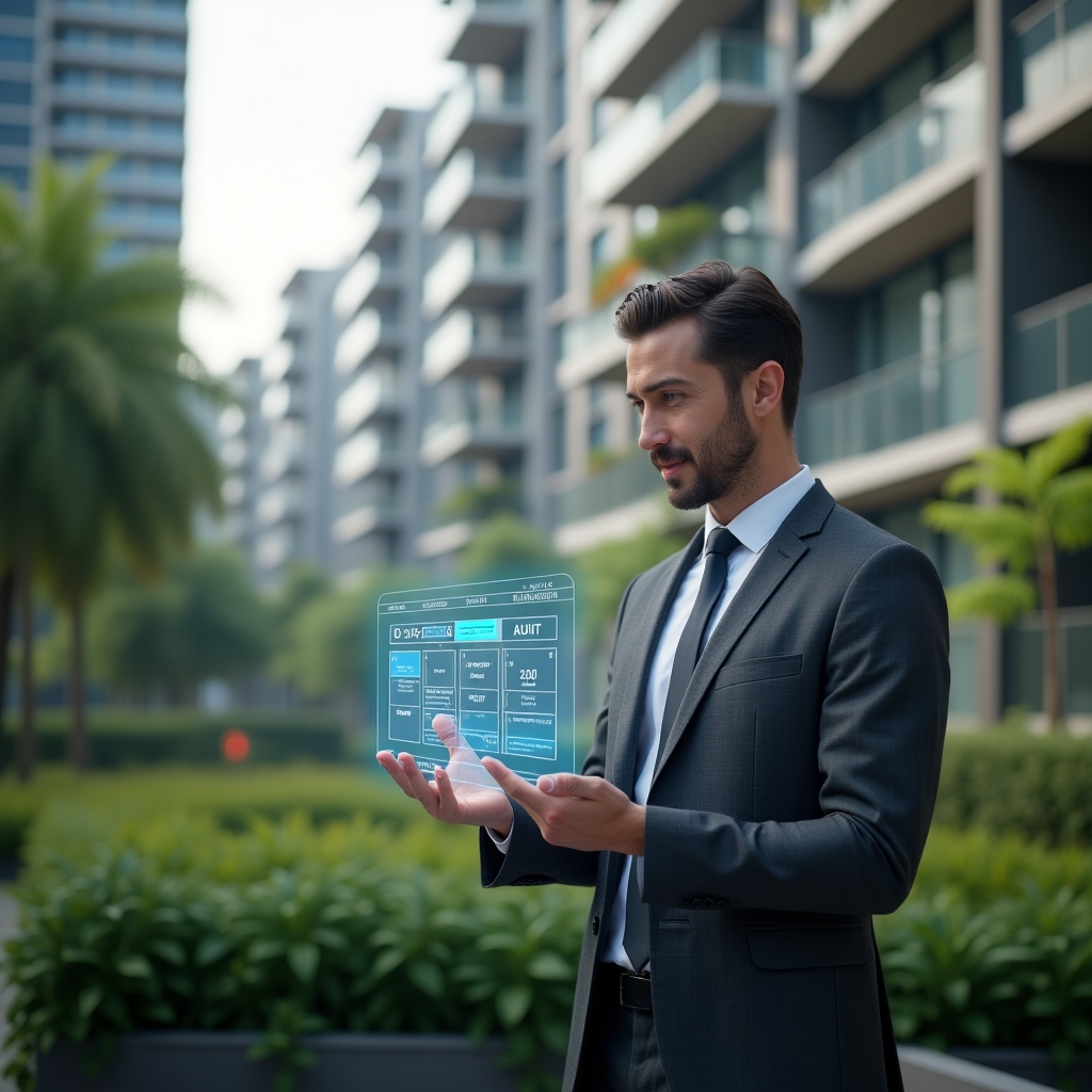 (Ultra-realistic condominium manager in a charcoal gray suit, set in a modern luxury condominium environment with high-rise buildings and lush green landscaping, holding a holographic activity calendar with highlighted maintenance, assembly, and audit icons, confidently analyzing the schedule with a thoughtful expression, cinematic lighting, shallow depth of field, highly detailed textures, realistic skin, photographic realism, 8k resolution --ar 1:1 --v 6)