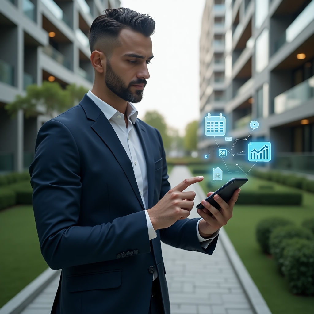 Ultra-realistic property manager in a navy blue suit, set in a modern luxury condominium environment with high-rise buildings and green landscaping, holding a smartphone with floating holographic icons of calendar, chat bubble and financial chart, pointing confidently at the interface, cinematic lighting, shallow depth of field, highly detailed textures, realistic skin, photographic realism, 8k resolution --ar 1:1 --v 6