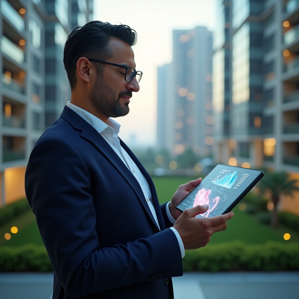 (Ultra-realistic condominium manager in a navy executive suit, set in a modern luxury condominium environment with high-rise buildings and manicured green landscaping, holding a digital tablet displaying a holographic financial chart and piggy bank icon, analyzing budget projections with a confident and thoughtful expression, cinematic lighting, shallow depth of field, highly detailed textures, realistic skin, photographic realism, 8k resolution --ar 1:1 --v 6)