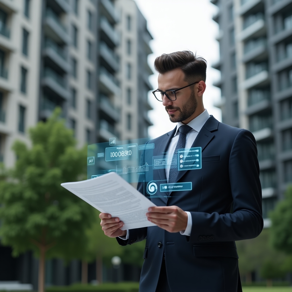 Ultra-realistic condominium manager in a dark navy suit, set in a modern luxury condominium environment with high-rise buildings and lush green landscaping, holding a tablet displaying a holographic budget approval chart and floating invoice icons, analyzing documents with a confident, thoughtful expression, cinematic lighting, shallow depth of field, highly detailed textures, realistic skin, photographic realism, 8k resolution --ar 1:1 --v 6