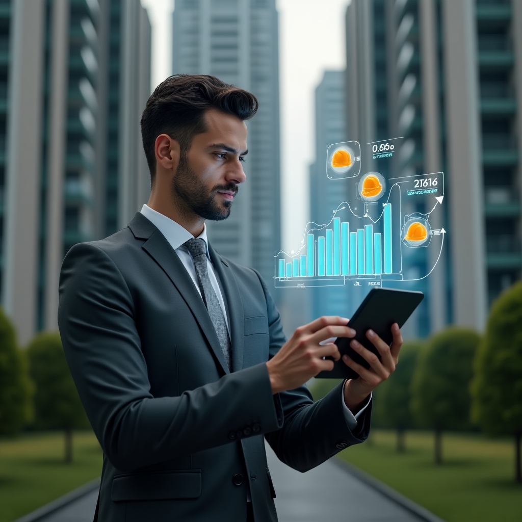 Ultra-realistic condominium manager in a charcoal gray executive suit, set in a modern luxury condominium environment with high-rise buildings and manicured green landscaping, reviewing a holographic budget chart projected from a tablet in hand, surrounded by floating icons of construction helmets and financial graphs, confident and focused expression, cinematic lighting, shallow depth of field, highly detailed textures, realistic skin, photographic realism, 8k resolution --ar 1:1 --v 6