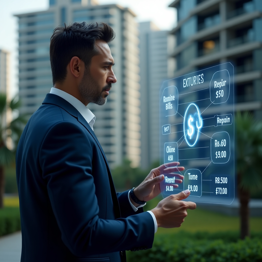 Ultra-realistic condominium manager in a navy blue suit, set in a modern luxury condominium environment with high-rise buildings and green landscaping, reviewing a holographic chart comparing routine bills versus emergency repair costs with glowing receipt and wrench icons, thoughtful and confident expression, cinematic lighting, shallow depth of field, highly detailed textures, realistic skin, photographic realism, 8k resolution --ar 1:1 --v 6