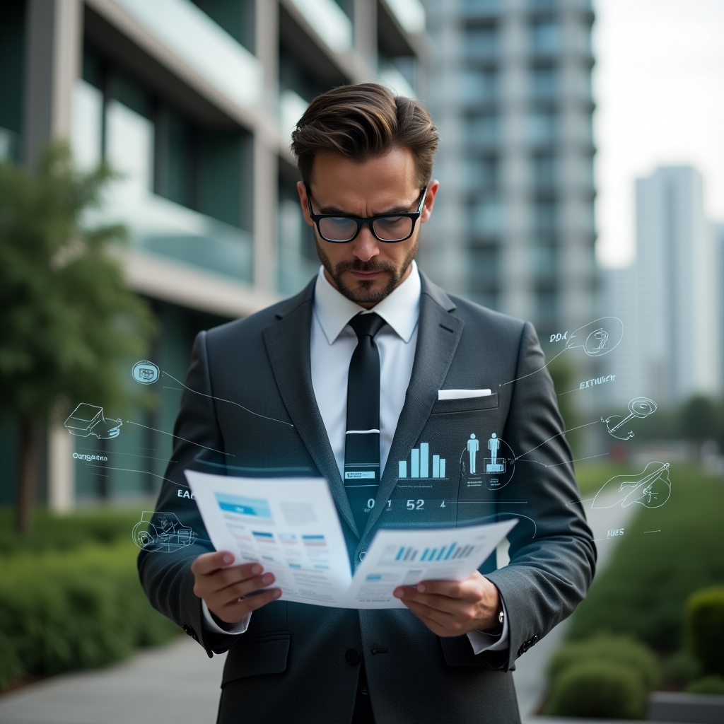 Ultra-realistic condominium manager in a dark gray tailored suit, set in a modern luxury condominium environment with high-rise buildings and green landscaping, holding holographic charts comparing ordinary and extraordinary expenses, examining data with a focused expression, holographic icons of bills and renovation tools floating beside him, cinematic lighting, shallow depth of field, highly detailed textures, realistic skin, photographic realism, 8k resolution --ar 1:1 --v 6