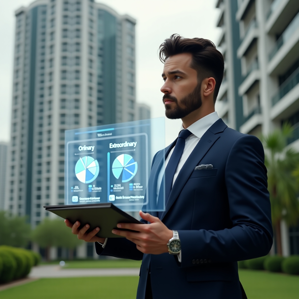 Ultra-realistic condominium manager in a tailored navy suit, set in a modern luxury condominium environment with high-rise buildings and manicured green landscaping, holding two transparent folders labeled “Ordinary” and “Extraordinary,” with a floating holographic pie chart and budget icons between them, thoughtful and confident expression, cinematic lighting, shallow depth of field, highly detailed textures, realistic skin, photographic realism, 8k resolution --ar 1:1 --v 6