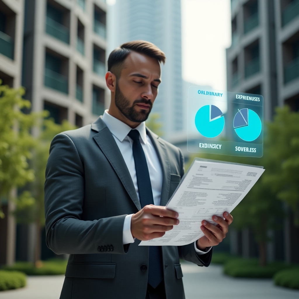 Ultra-realistic condominium manager in a charcoal gray suit, set in a modern luxury condominium environment with high-rise buildings and lush green landscaping, reviewing holographic financial reports with pie charts labeled “ordinary” and “extraordinary” expenses floating beside him, confident and focused expression, cinematic lighting, shallow depth of field, highly detailed textures, realistic skin, photographic realism, 8k resolution --ar 1:1 --v 6