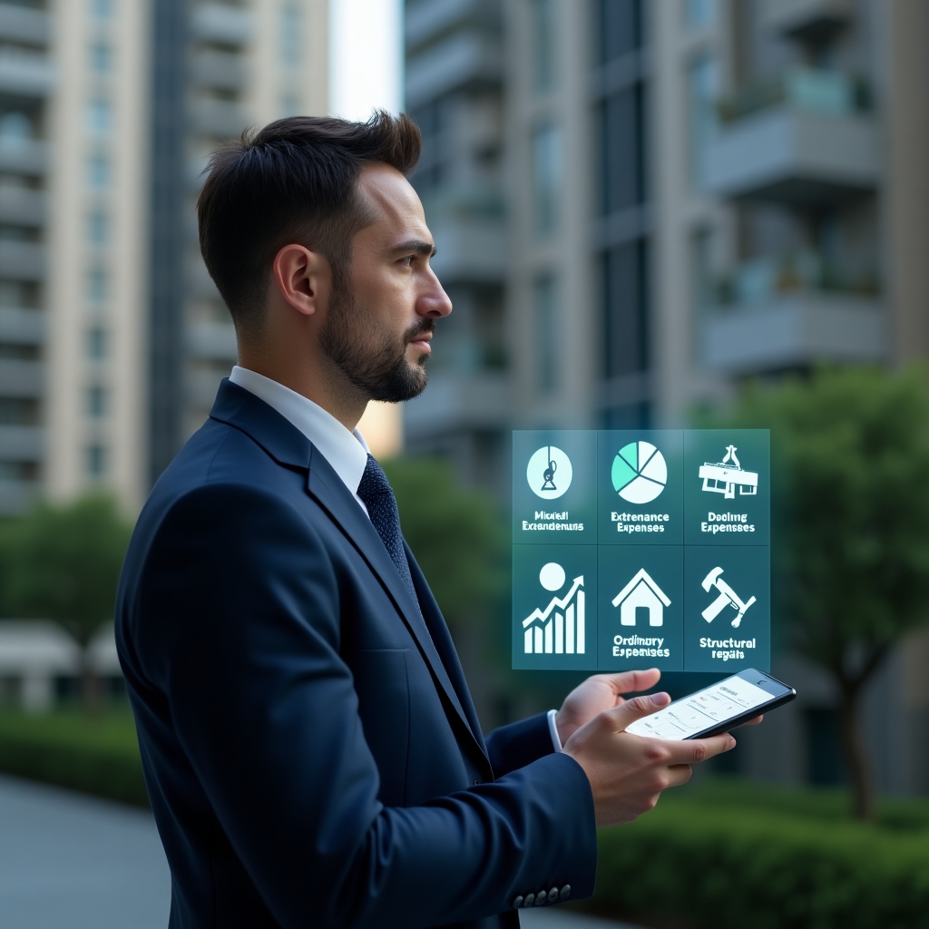 Ultra-realistic condominium manager in a navy blue suit, set in a modern luxury condominium environment with high-rise buildings and green landscaping, holding a digital tablet displaying holographic pie charts contrasting ordinary and extraordinary expenses, holographic icons of maintenance tools and structural repairs floating beside, expression thoughtful and confident, cinematic lighting, shallow depth of field, highly detailed textures, realistic skin, photographic realism, 8k resolution --ar 1:1 --v 6