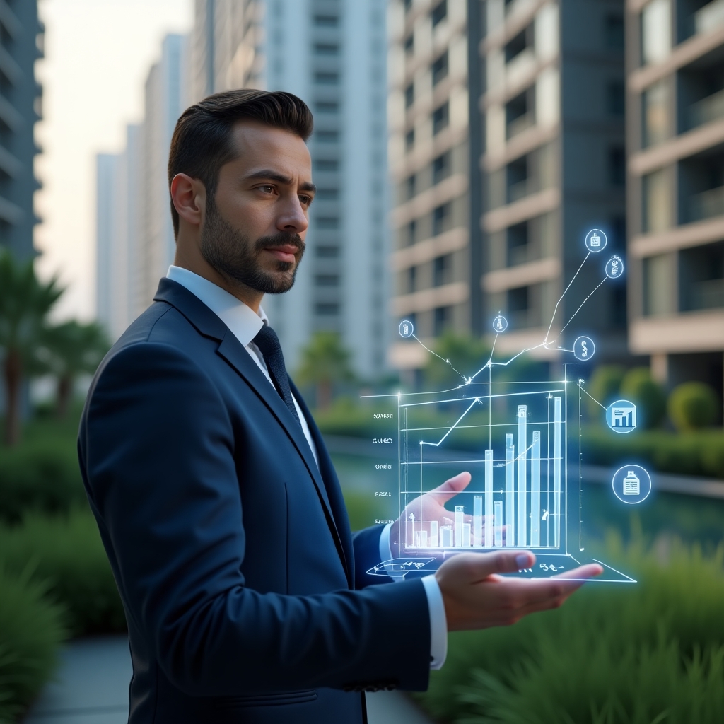 (Ultra-realistic condominium manager in a navy blue suit, set in a modern luxury condominium environment with high-rise buildings and green landscaping, holding a transparent holographic financial chart comparing ordinary vs extraordinary expenses, analyzing data with a confident expression, floating icons of coins and spreadsheet graphs around, cinematic lighting, shallow depth of field, highly detailed textures, realistic skin, photographic realism, 8k resolution --ar 1:1 --v 6)
