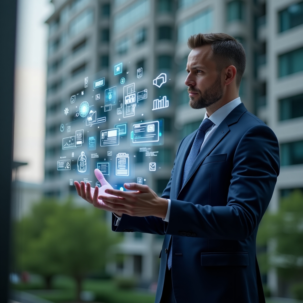 (Ultra-realistic condominium manager in a navy blue suit, set in a modern luxury condominium environment with high-rise buildings and green landscaping, analyzing a floating holographic interface of app icons for messaging, finance, and reservations with a confident expression, thematic holographic widgets symbolizing essential management functions, cinematic lighting, shallow depth of field, highly detailed textures, realistic skin, photographic realism, 8k resolution --ar 1:1 --v 6)