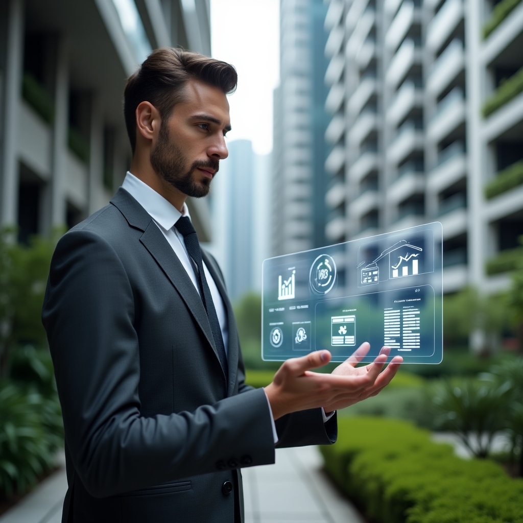 (Ultra-realistic condominium manager in a dark gray executive suit, set in a modern luxury condominium environment with high-rise buildings and manicured green gardens, examining a floating holographic dashboard with icons for billing, virtual assemblies and financial reports, confident and focused expression, cinematic lighting, shallow depth of field, highly detailed textures, realistic skin, photographic realism, 8k resolution --ar 1:1 --v 6)